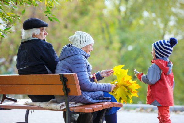 Дедушка и бабушка с внуком в парке