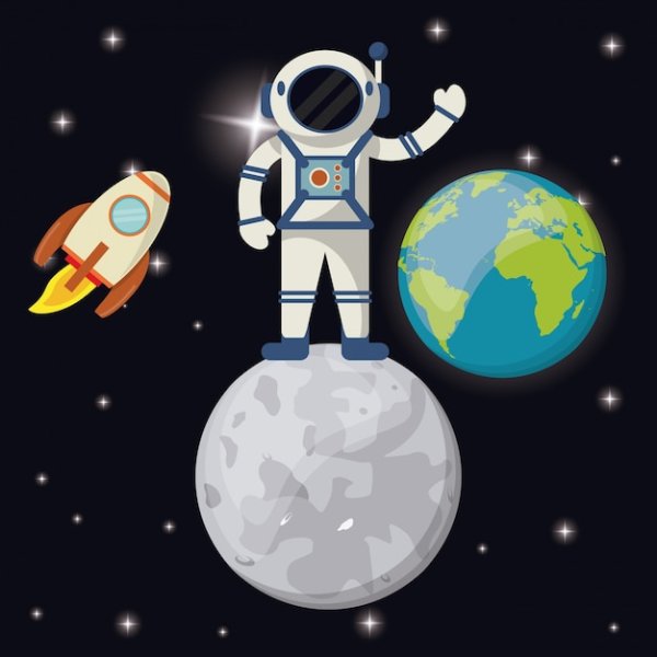 Космонавт на Луне с ракетой