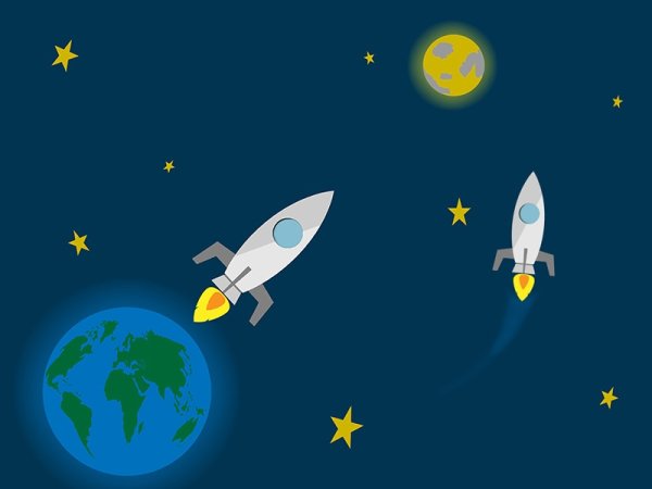Луна, земля и ракета
