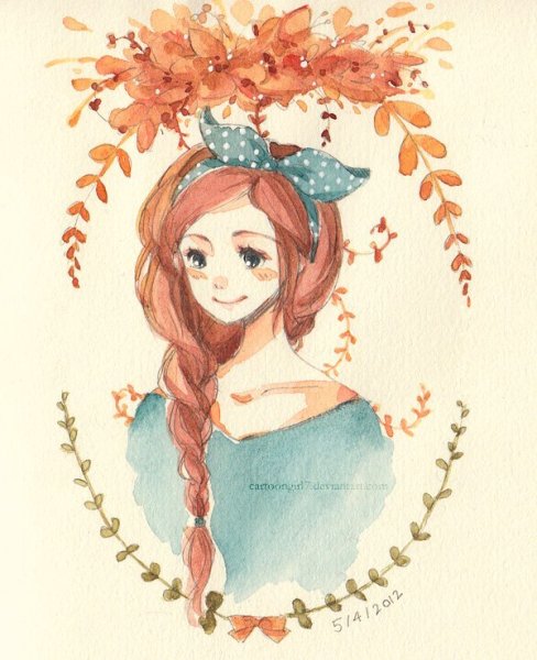 Девушка осень акварель