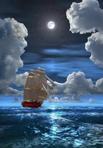 Корабль в лунном свете