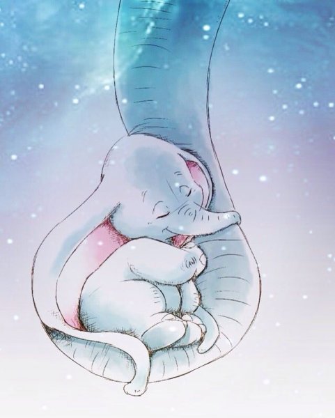 Слоненок на хоботе у мамы