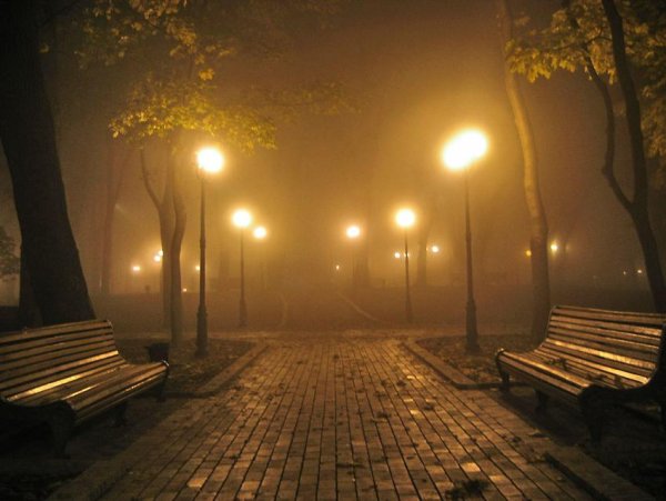 Темная улица с фонарями