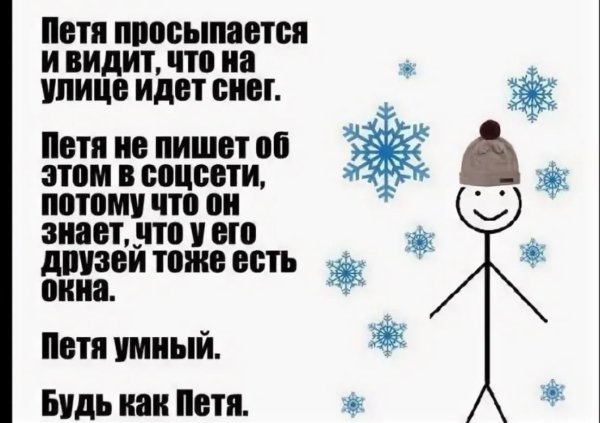 Это Петя Петя просыпается и видит что на улице идет снег