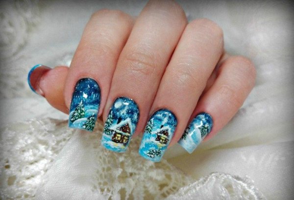 Зимний пейзаж на ногтях