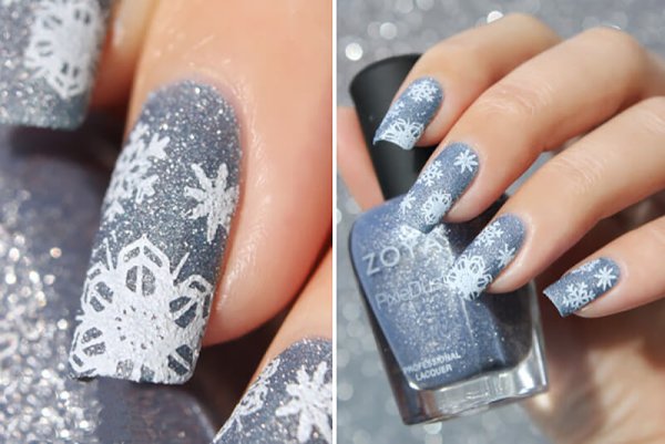 Маникюр с серебряными снежинками