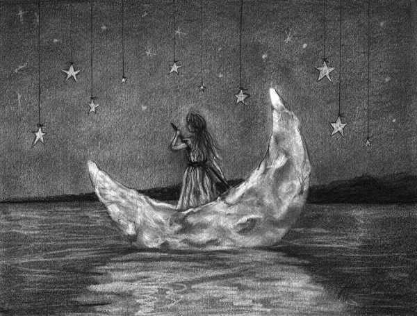 Девушка и Луна карандашом