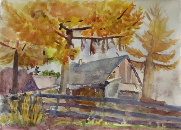 Этюд осень акварель