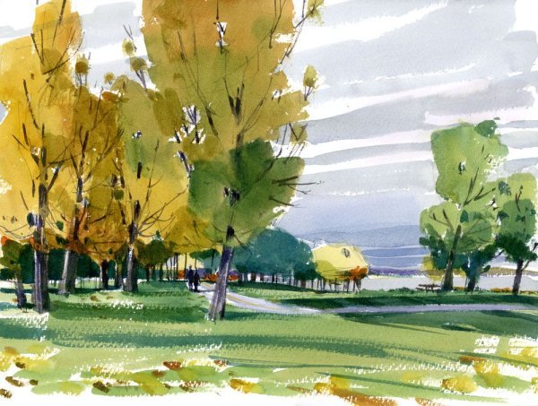 Простой осенний пейзаж акварелью