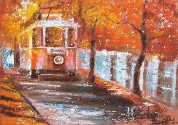 Осенний городской пейзаж пастелью