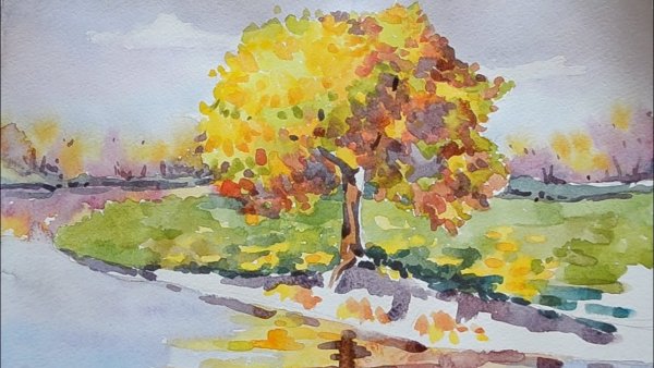 Пейзаж осень гуашью