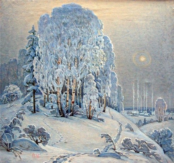 Деревья зимой ночь живопись