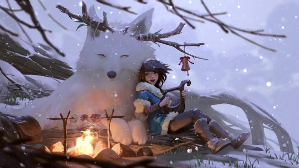 Костер в зимнем лесу арт