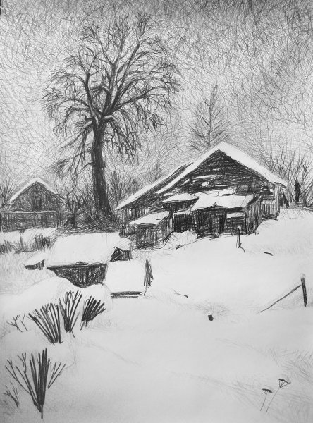 Зимний пейзаж карандашом