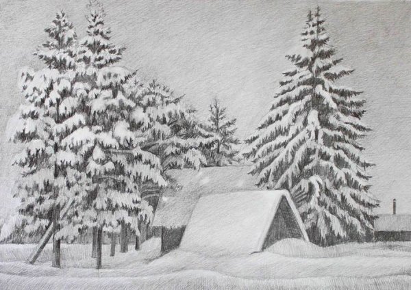 Зимний пейзаж карандашом