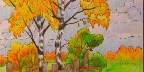 Осень цветными карандашами для детей