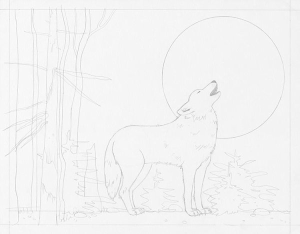 Поэтапное рисование волка с луной