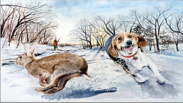 Зимний пейзаж с собакой