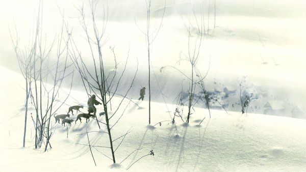 Картина охотники с собаками на снегу