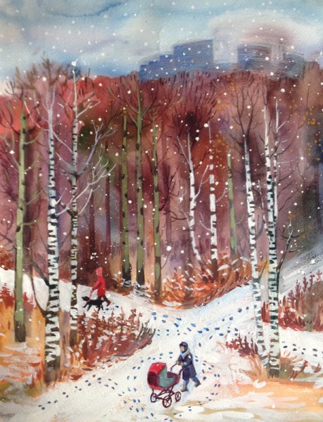 Первый снег акварель