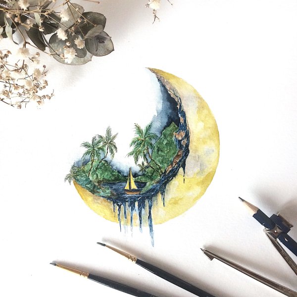 Акварельный скетчинг Луна
