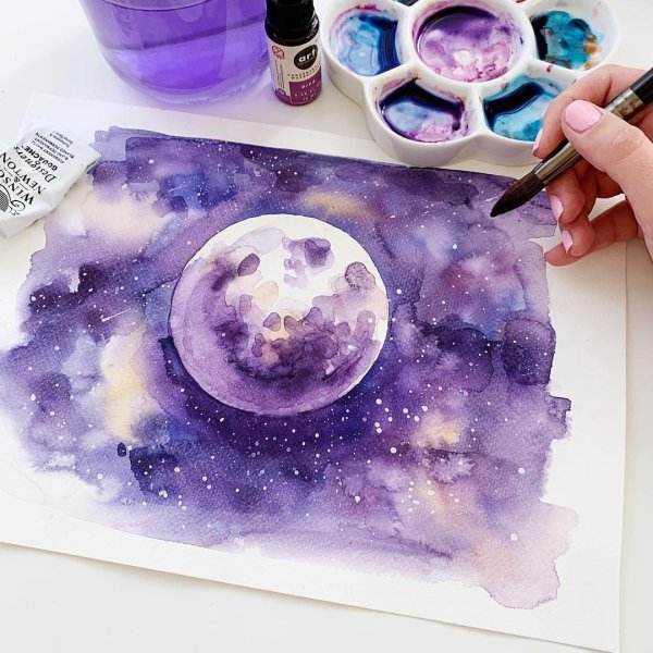 Как нарисовать луну акварелью