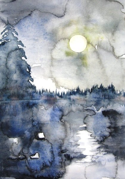 Лунный пейзаж акварелью