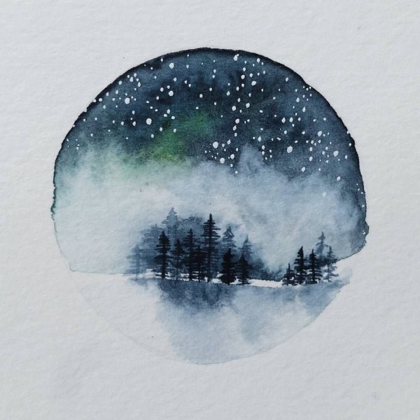 Ночной лес акварелью
