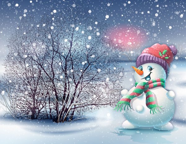 Зимний пейзаж со снеговиком