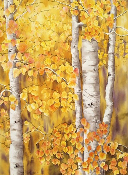 Осенние березы акварелью