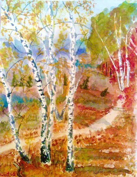 Осенние березы акварелью