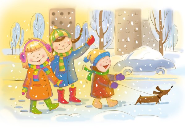 Картина дети зимой на прогулке
