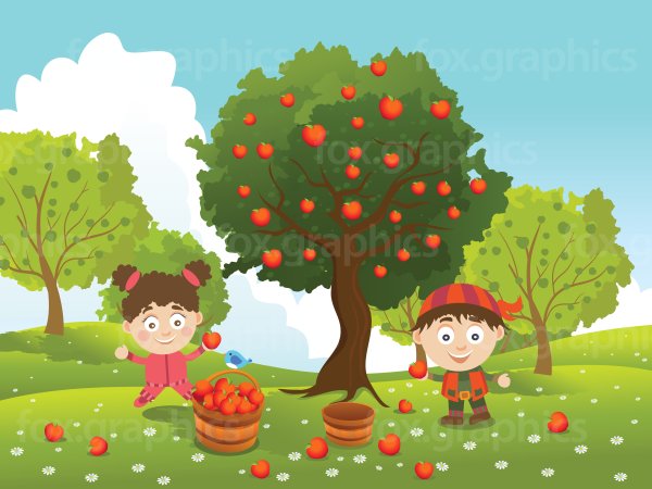 Яблоня и девочка вектор