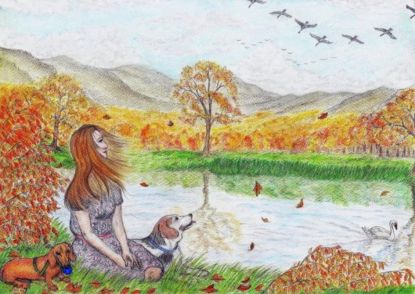 Осенняя картина карандашом