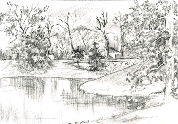 Осенний пейзаж карандашом