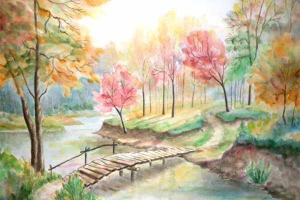 Осенний пейзаж цветными карандашами