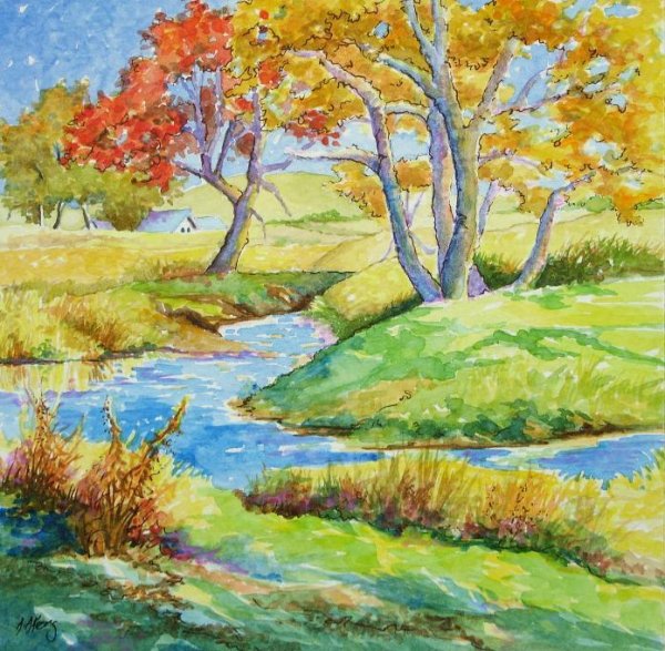 Осенний пейзаж цветными карандашами