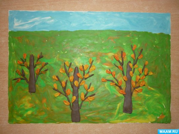 Пейзаж из пластилина на картоне