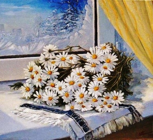 Букет ромашек на окне