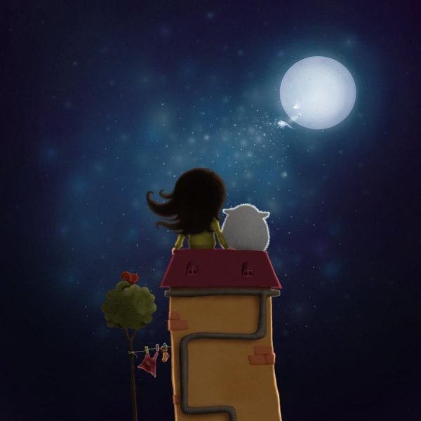 Девочка смотрит на луну