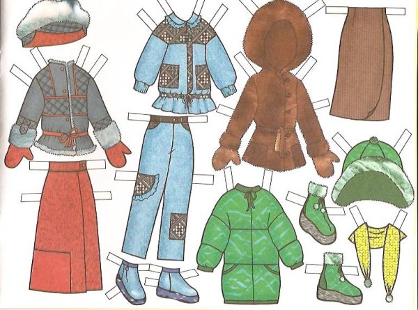 Бумажная кукла с зимней одеждой для вырезания