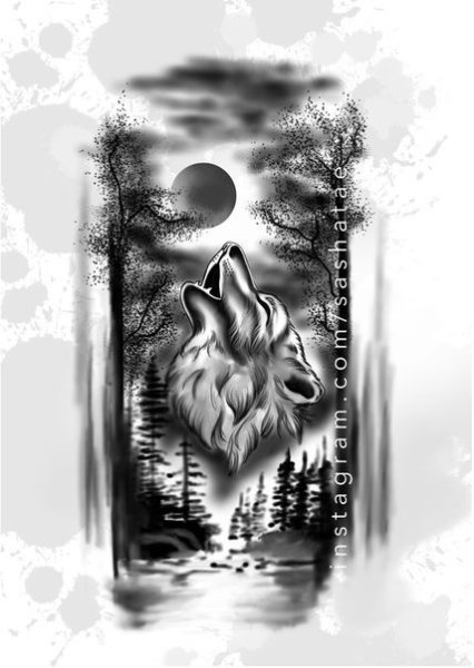 Тату волк воет на луну эскизы