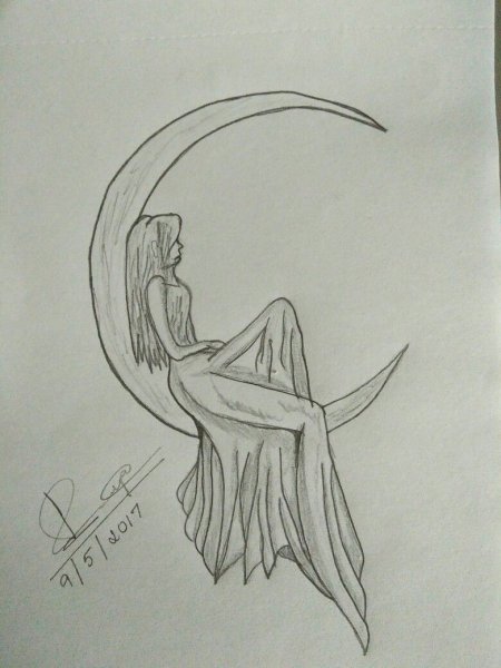 Девушка и Луна рисунок карандашом