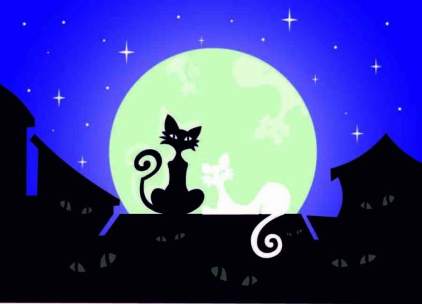 Кошка на крыше на фоне Луны