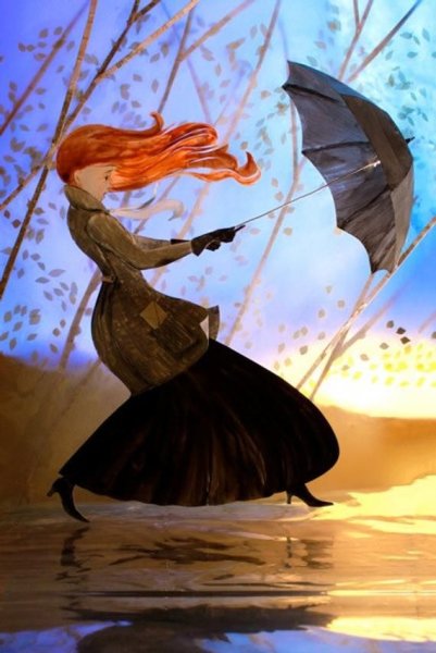 Девушка зонт ветер