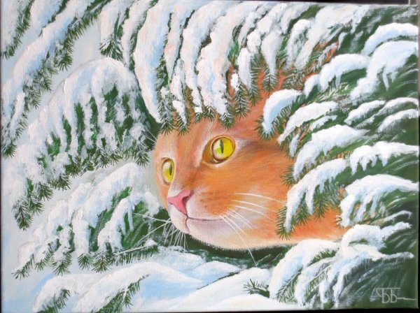 Живопись кошки зимой