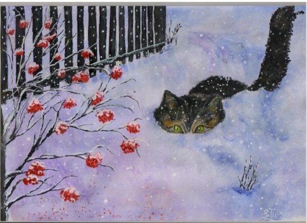 Котенок на снегу живопись