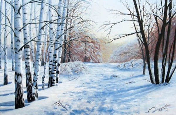 Березы зимой живопись