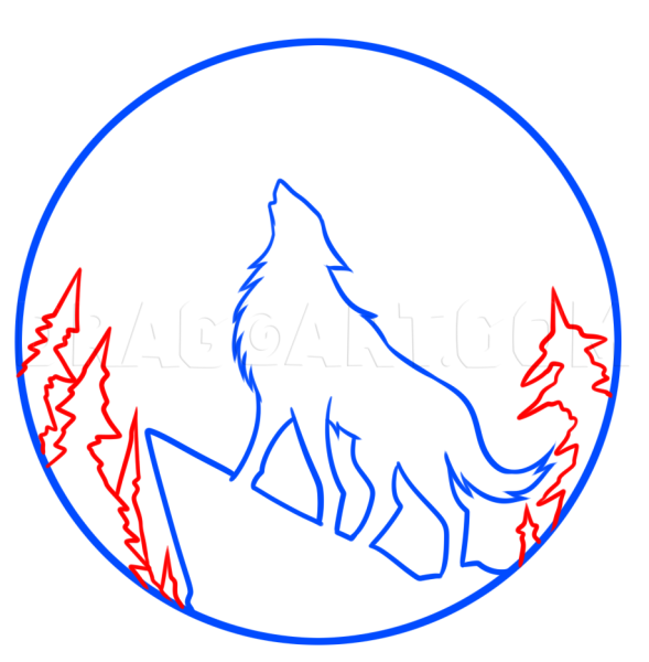 Голова волка воющего на луну карандашом