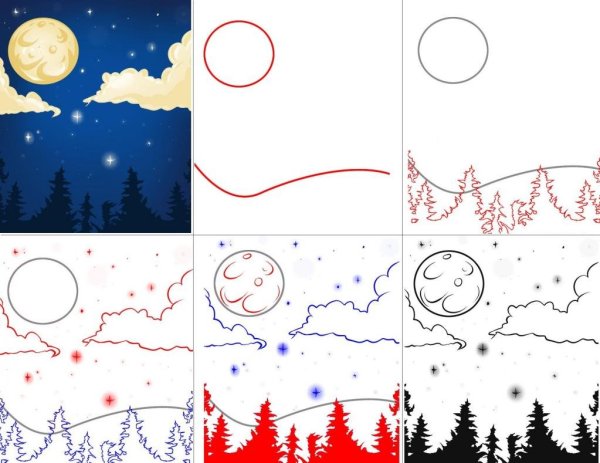 Поэтапный рисунок пейзажа для детей